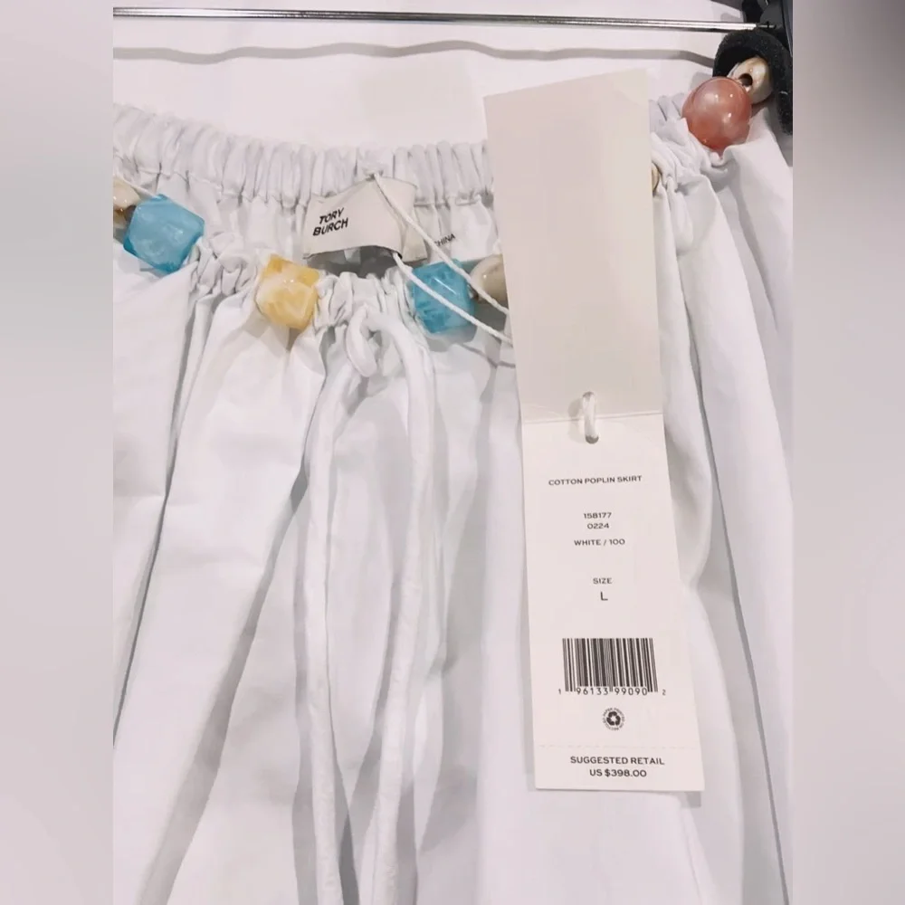 NWT $398 Tory Burch Beaded Cotton Poplin Skirt In White